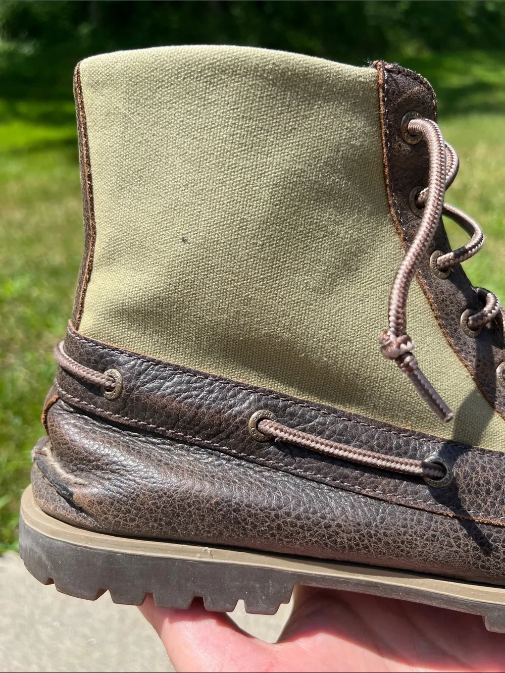 Sperry Top-Sider Brown Leather Green Canvas Boat Boots Hunting Boots Men’s 11.5M